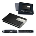 Gift Set - Black Leather Like Business Card Case & Cap Off Roller ball Pen